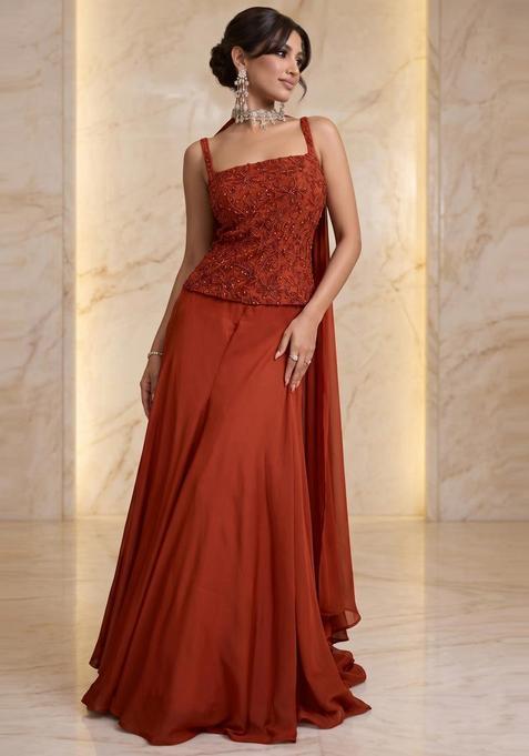 Burnt Orange Embroidered Handwork Lehenga Set