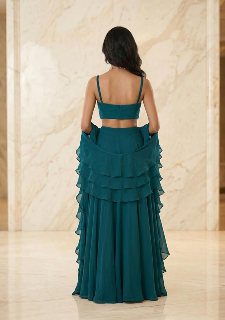 Teal Embroidered Handwork Lehenga Set - Indya