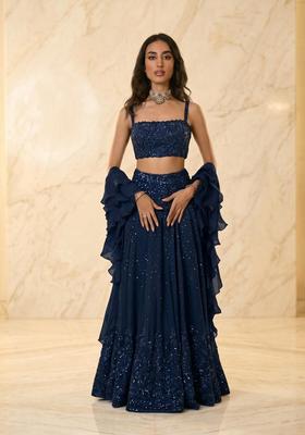 Navy Blue Embroidered Handwork Lehenga Set