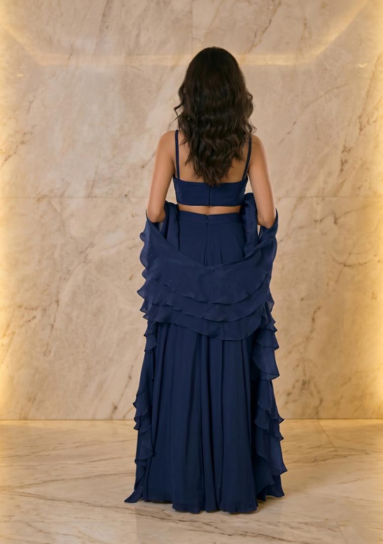 Navy Blue Embroidered Handwork Lehenga Set - Indya