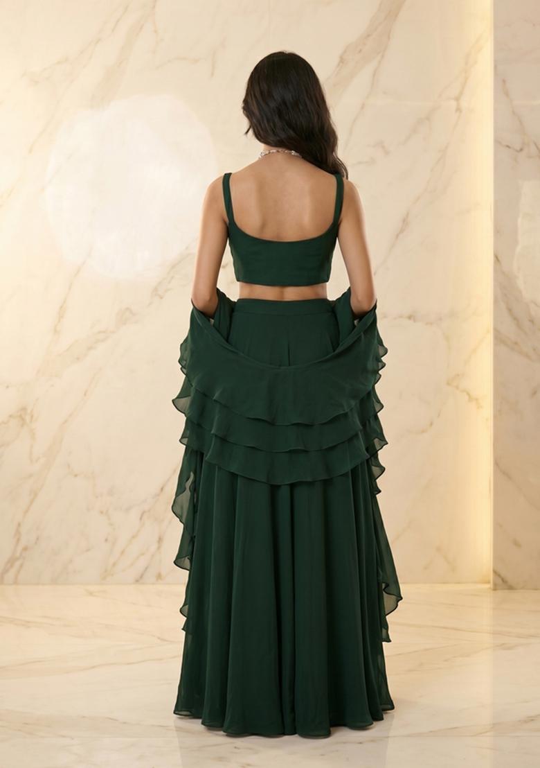 Dark Green Embroidered Handwork Lehenga Set - Indya