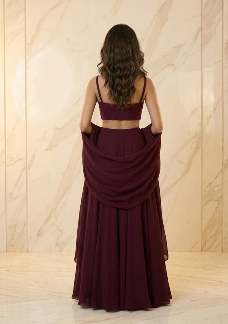 Deep Maroon Embroidered Handwork Lehenga Set - Indya