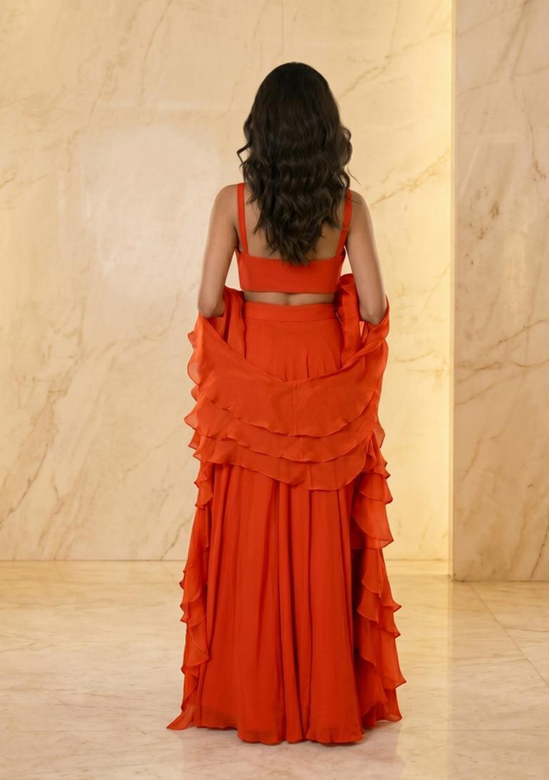 Bright Orange Embroidered Handwork Lehenga Set - Indya