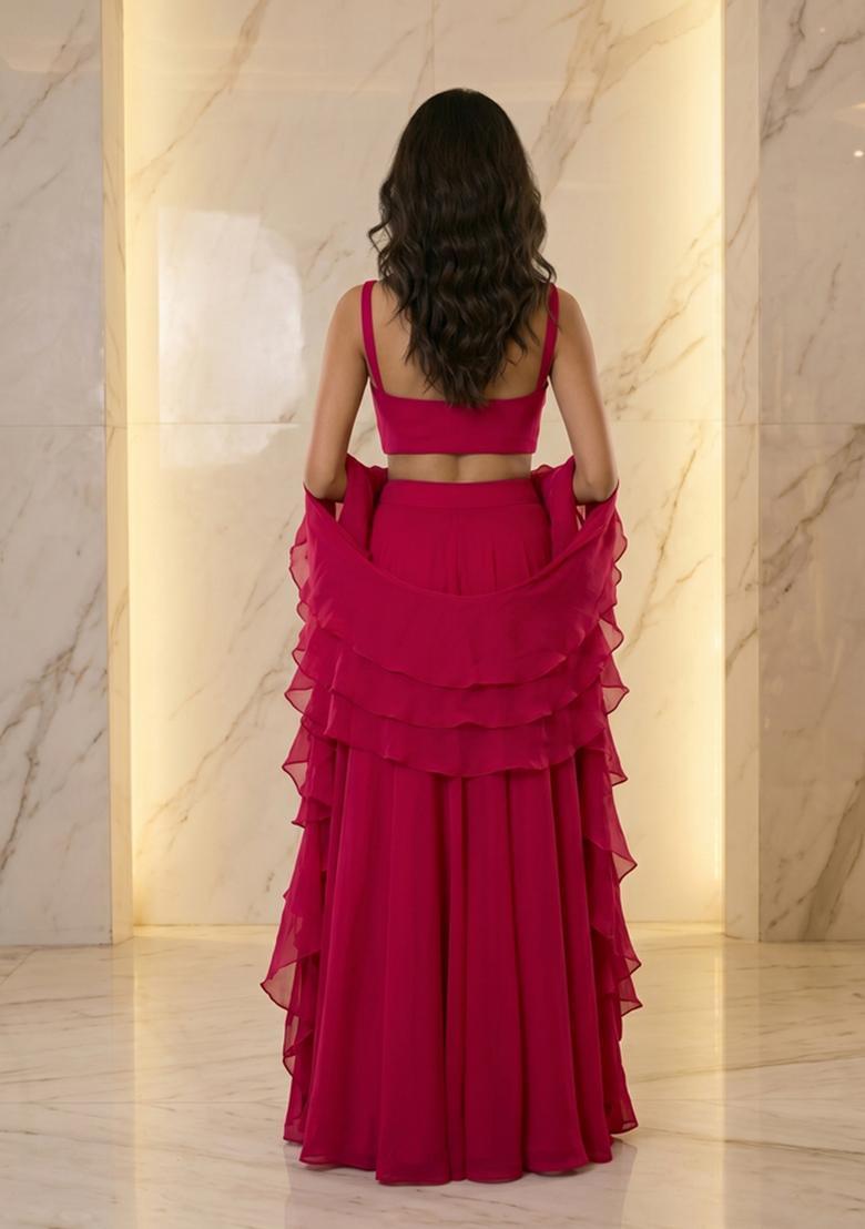 Magenta Embroidered Handwork Lehenga Set - Indya