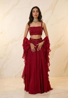 Deep Red Embroidered Handwork Lehenga Set