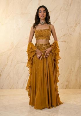 Mustard Embroidered Handwork Lehenga Set