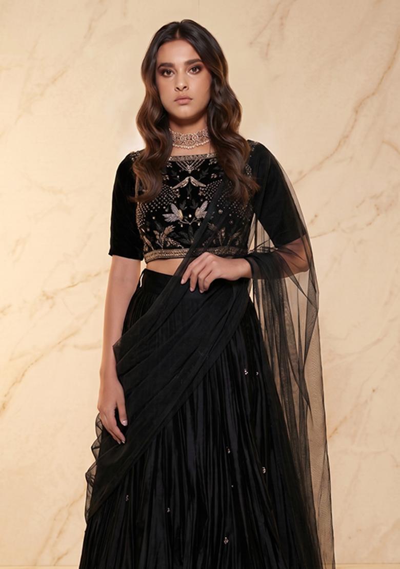 Black Embroidered Handwork Lehenga Set - Indya
