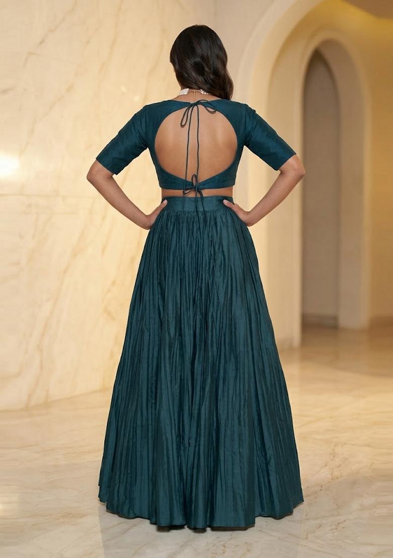 Deep Teal Embroidered Handwork Lehenga Set - Indya