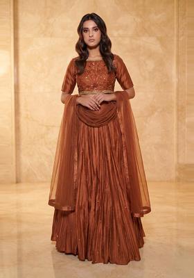 Copper Brown Embroidered Handwork Lehenga Set
