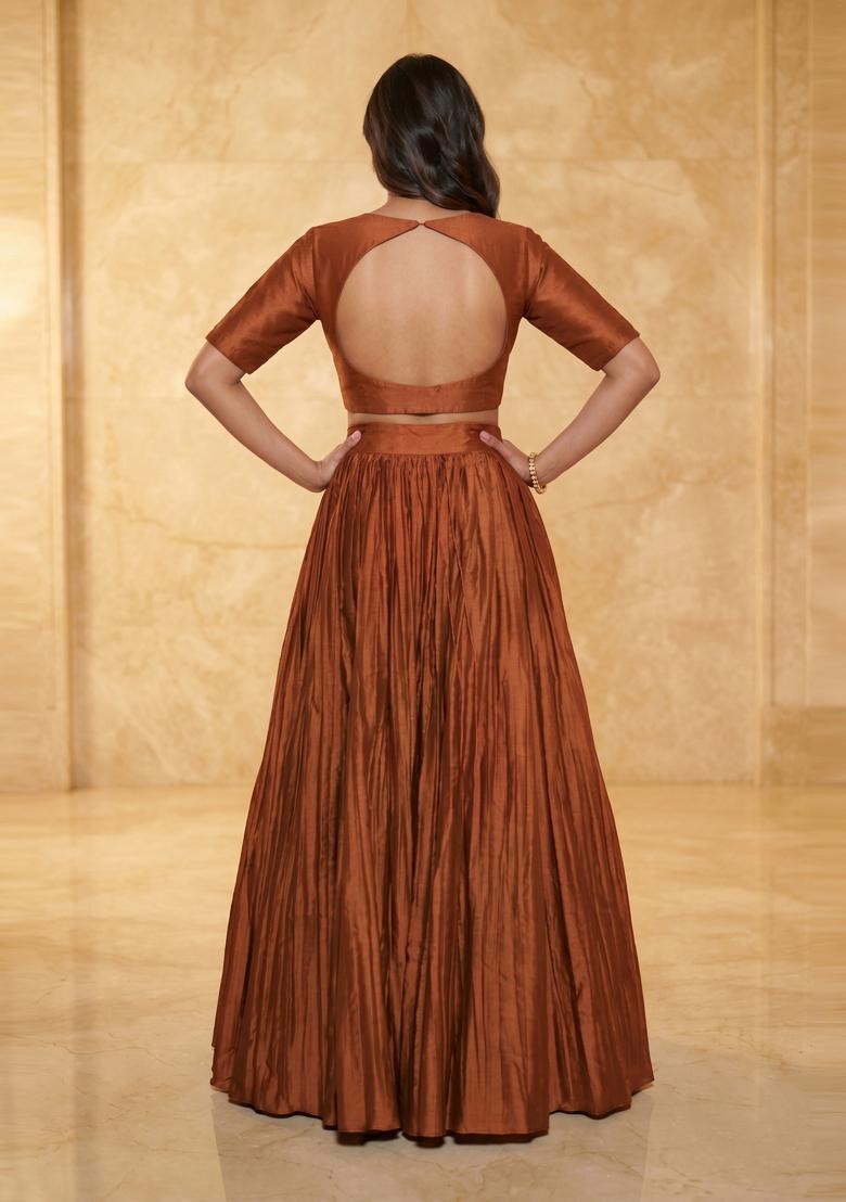 Copper Brown Embroidered Handwork Lehenga Set - Indya
