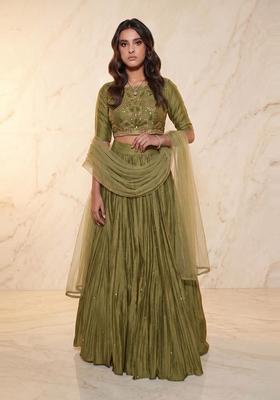 Olive Green Embroidered Handwork Lehenga Set
