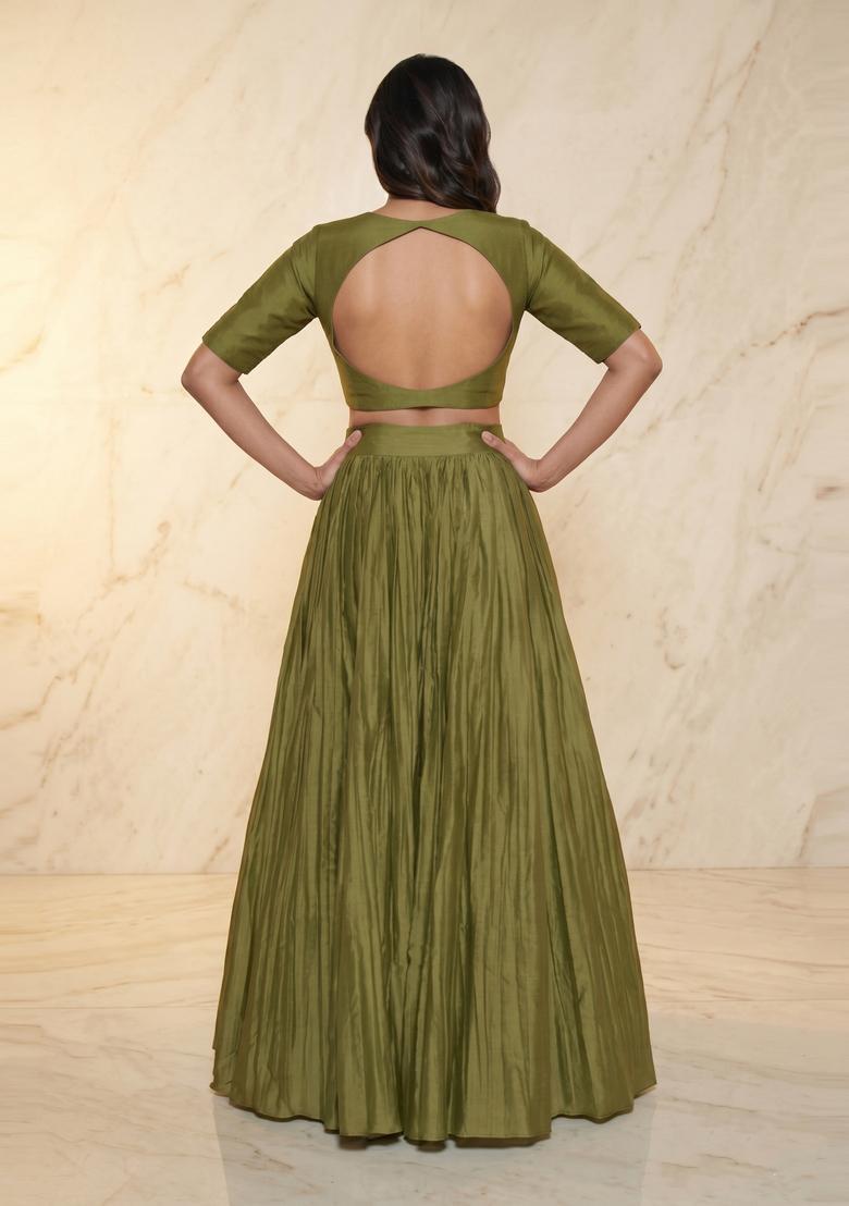 Olive Green Embroidered Handwork Lehenga Set - Indya