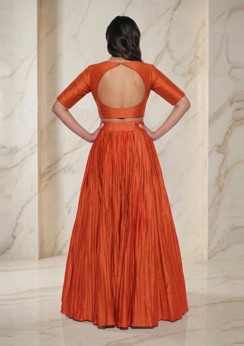 Burnt Orange Embroidered Handwork Lehenga Set - Indya
