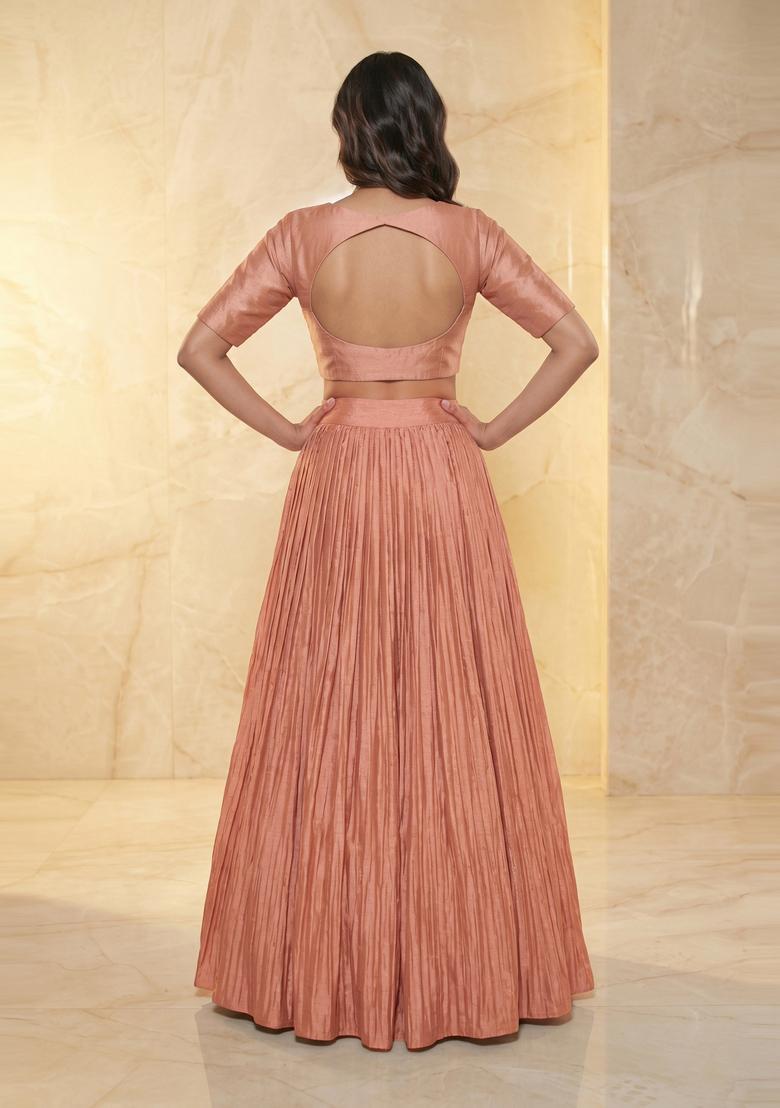 Dusty Pink Embroidered Handwork Lehenga Set - Indya