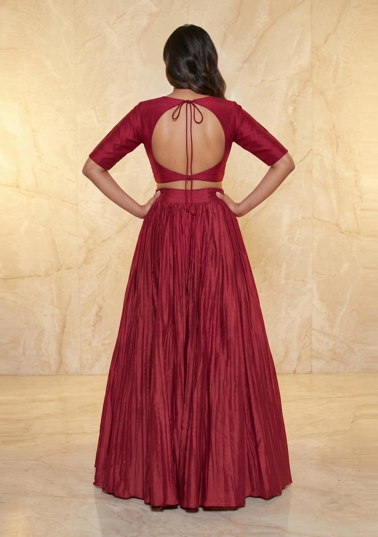 Maroon Embroidered Handwork Lehenga Set - Indya