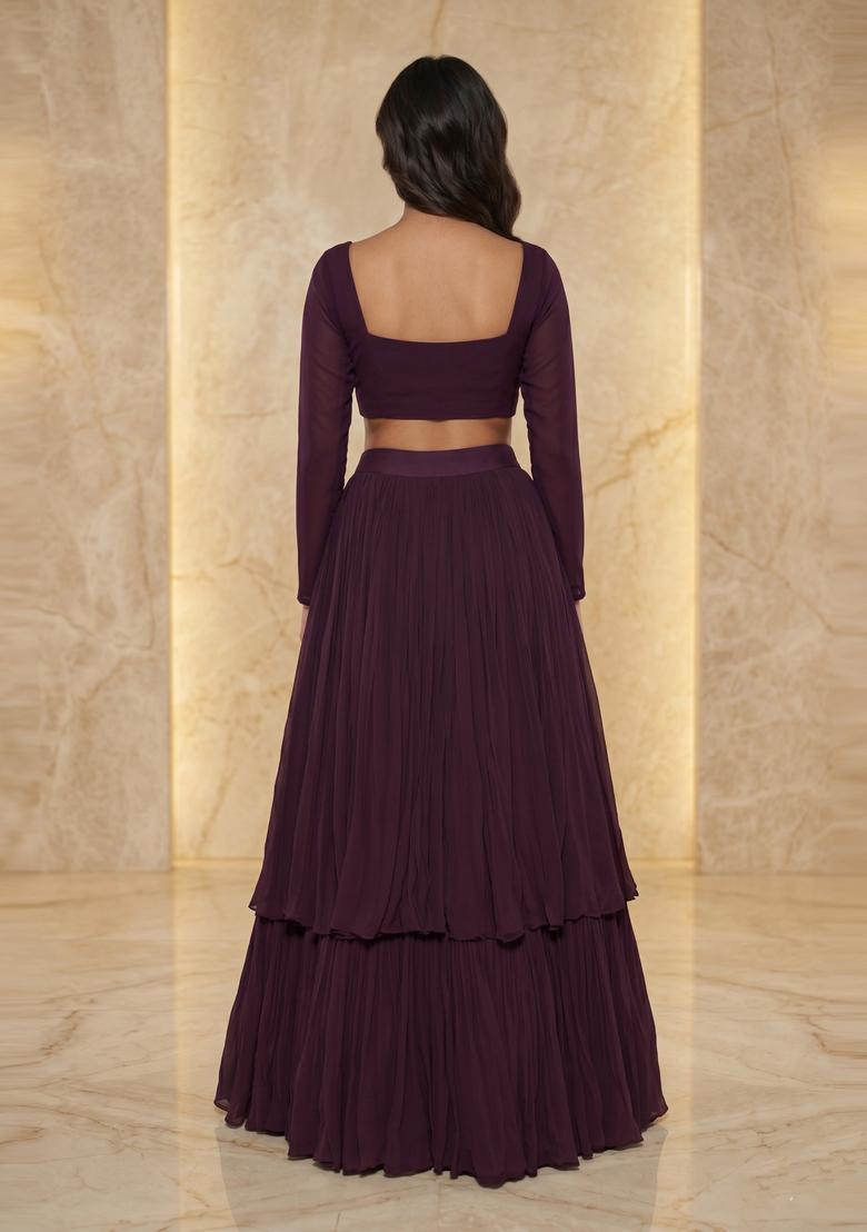 Deep Purple Embroidered Handwork Lehenga Set - Indya