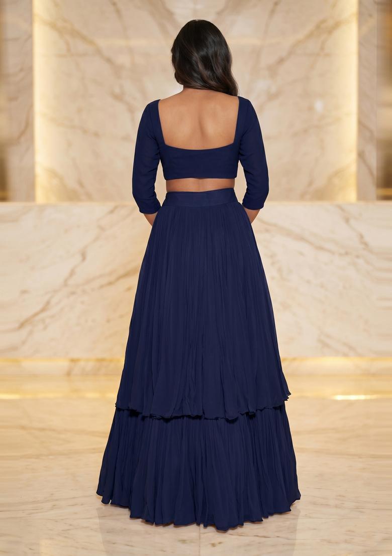 Navy Blue Embroidered Handwork Lehenga Set - Indya