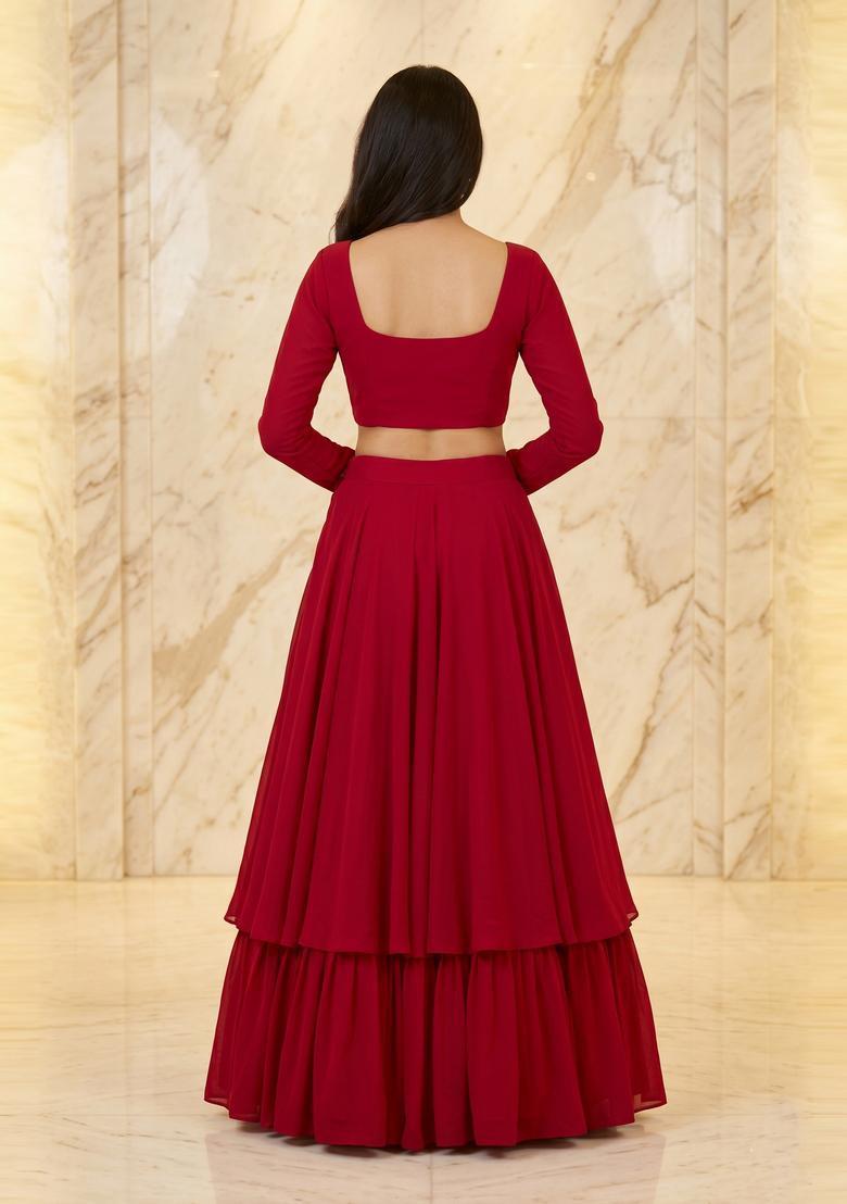 Magenta Embroidered Handwork Lehenga Set - Indya