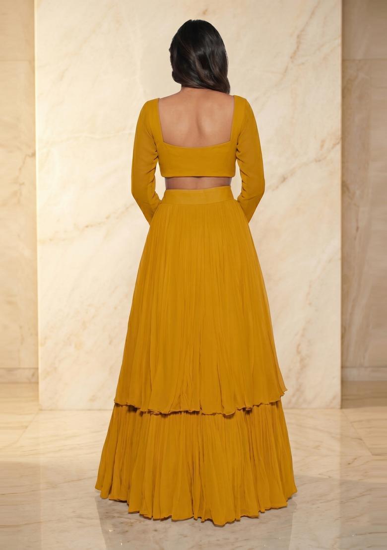 Mustard Embroidered Handwork Lehenga Set - Indya