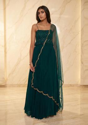Emerald Green Embroidered Handwork Lehenga Set