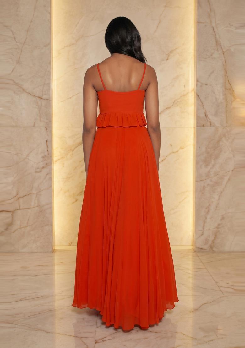 Bright Orange Embroidered Handwork Fusion Set - Indya