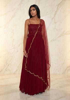 Deep Maroon Embroidered Handwork Lehenga Set