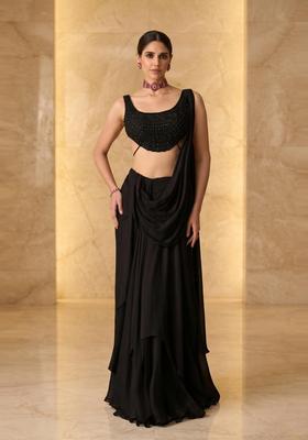 Black Embroidered Handwork Pre Draped Saree Set