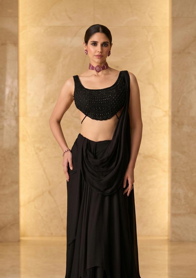 Black Embroidered Handwork Pre Draped Saree Set - Indya