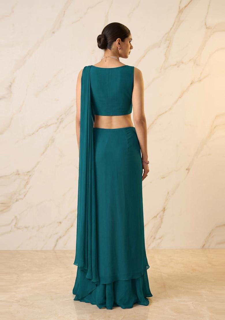 Teal Blue Embroidered Handwork Pre Draped Saree Set - Indya