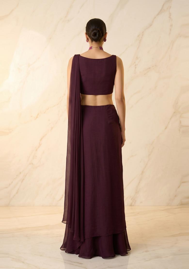 Deep Plum Embroidered Handwork Pre Draped Saree Set - Indya