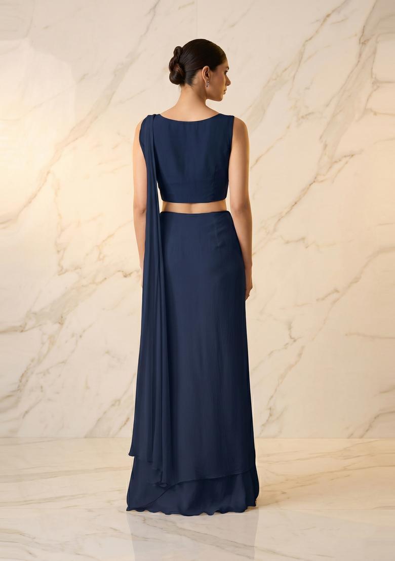 Navy Blue Embroidered Handwork Pre Draped Saree Set - Indya