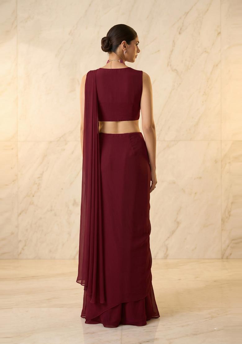 Wine Embroidered Handwork Pre Draped Saree Set - Indya