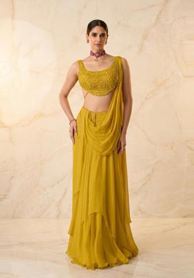 Mustard Embroidered Handwork Pre Draped Saree Set
