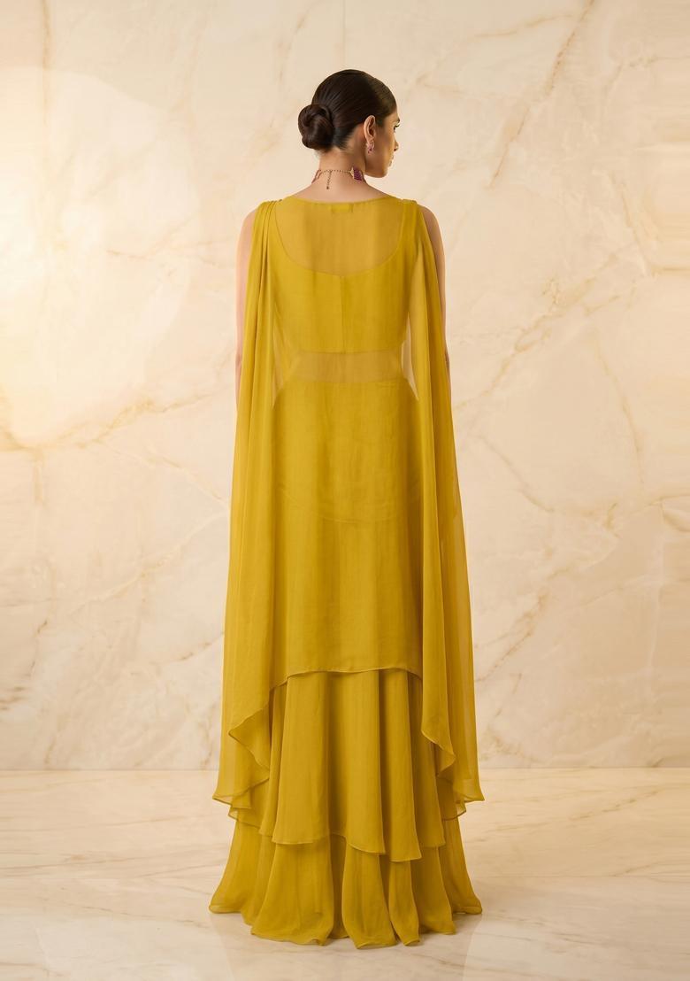Mustard Embroidered Handwork Pre Draped Saree Set - Indya