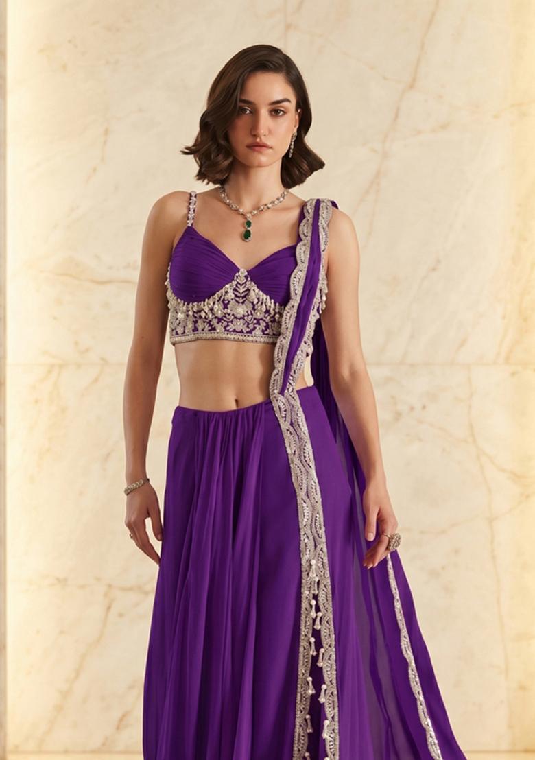 Deep Purple Embroidered Handwork Pre Draped Saree Set - Indya