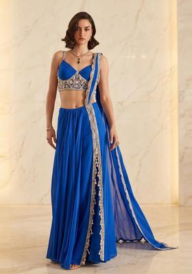Bright Blue Embroidered Handwork Pre Draped Saree Set