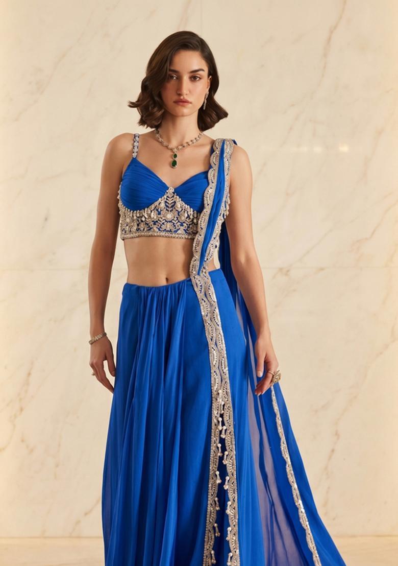 Bright Blue Embroidered Handwork Pre Draped Saree Set - Indya