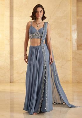 Dusty Blue Embroidered Handwork Pre Draped Saree Set