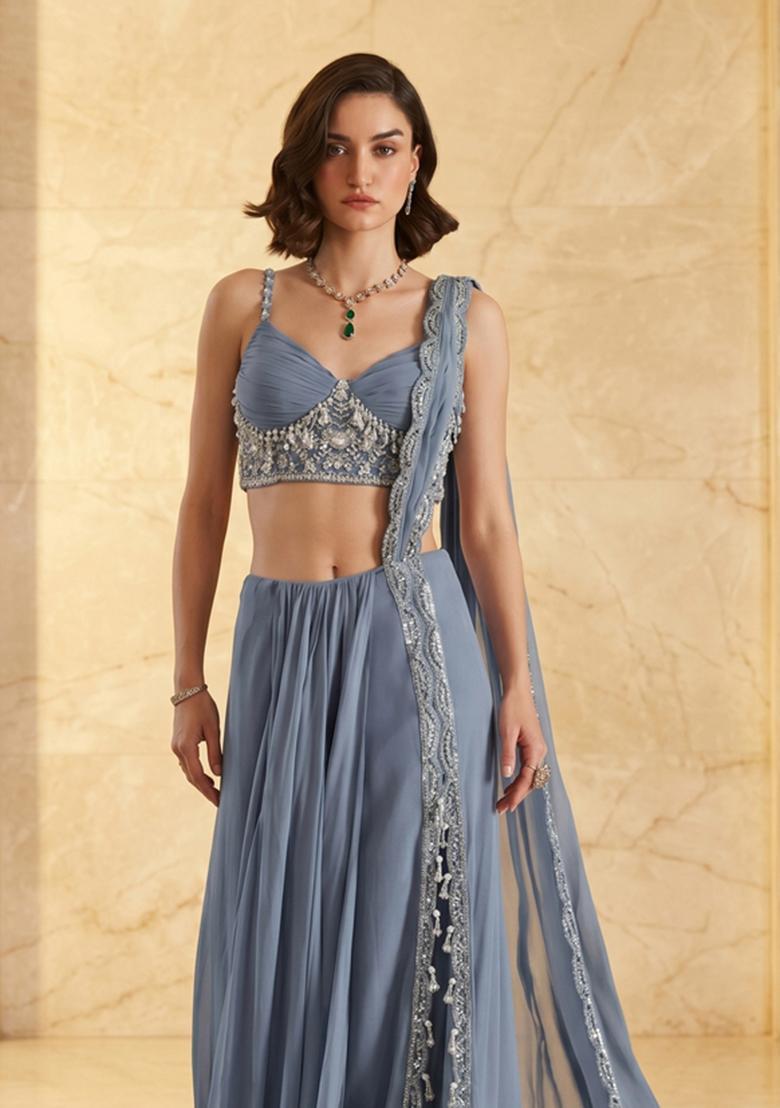 Dusty Blue Embroidered Handwork Pre Draped Saree Set - Indya