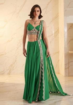 Bright Green Embroidered Handwork Pre Draped Saree Set