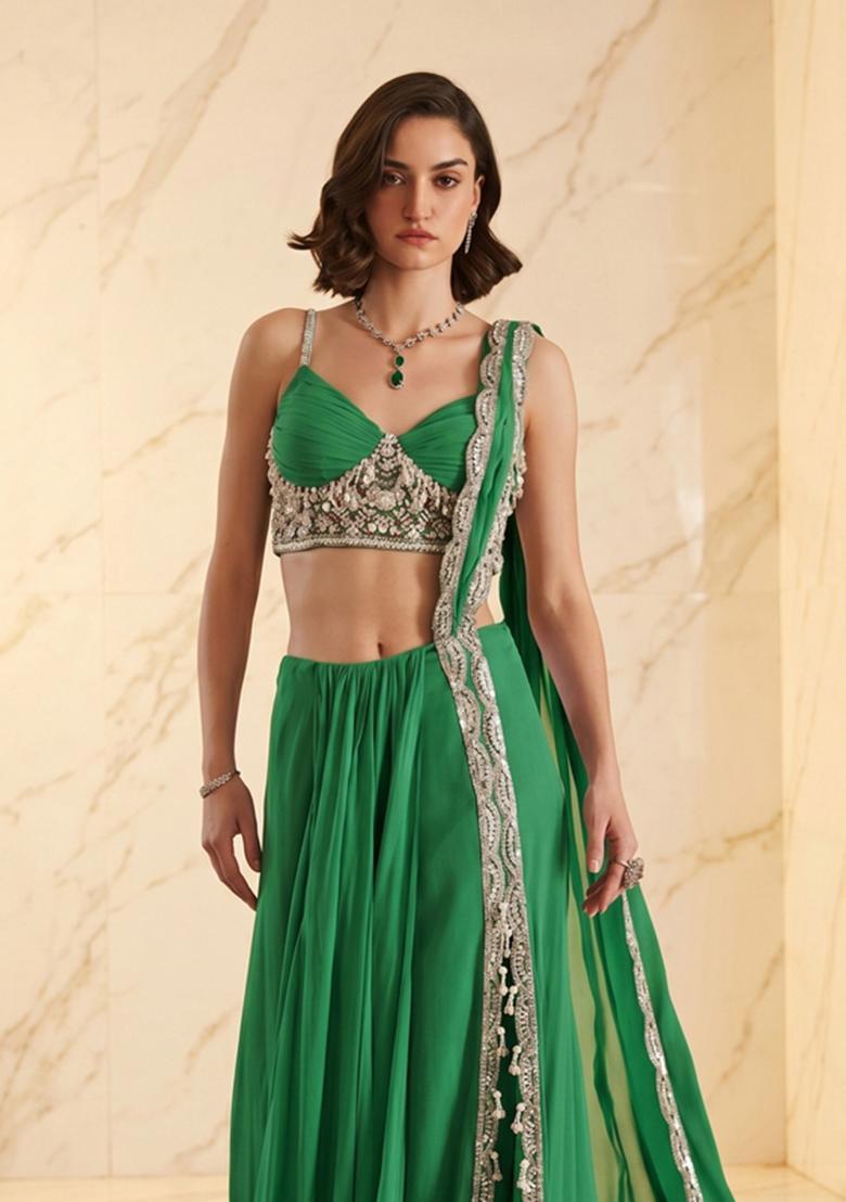 Bright Green Embroidered Handwork Pre Draped Saree Set - Indya