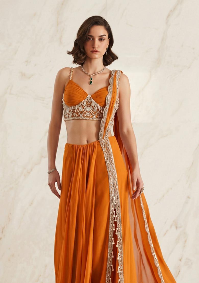 Bright Orange Embroidered Handwork Pre Draped Saree Set - Indya