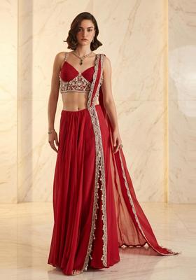 Deep Red Embroidered Handwork Pre Draped Saree Set