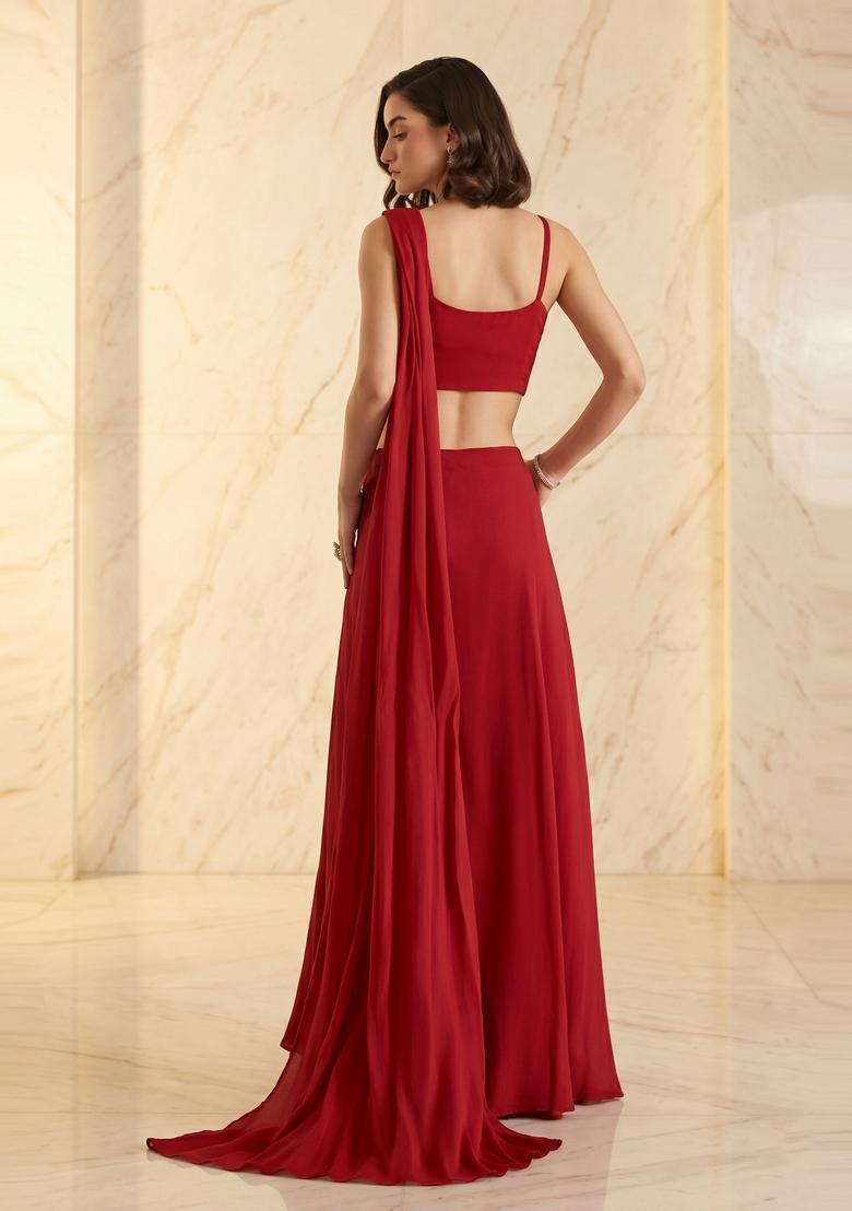 Deep Red Embroidered Handwork Pre Draped Saree Set - Indya