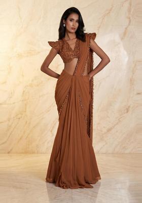 Copper Brown Embroidered Handwork Pre Draped Saree Set