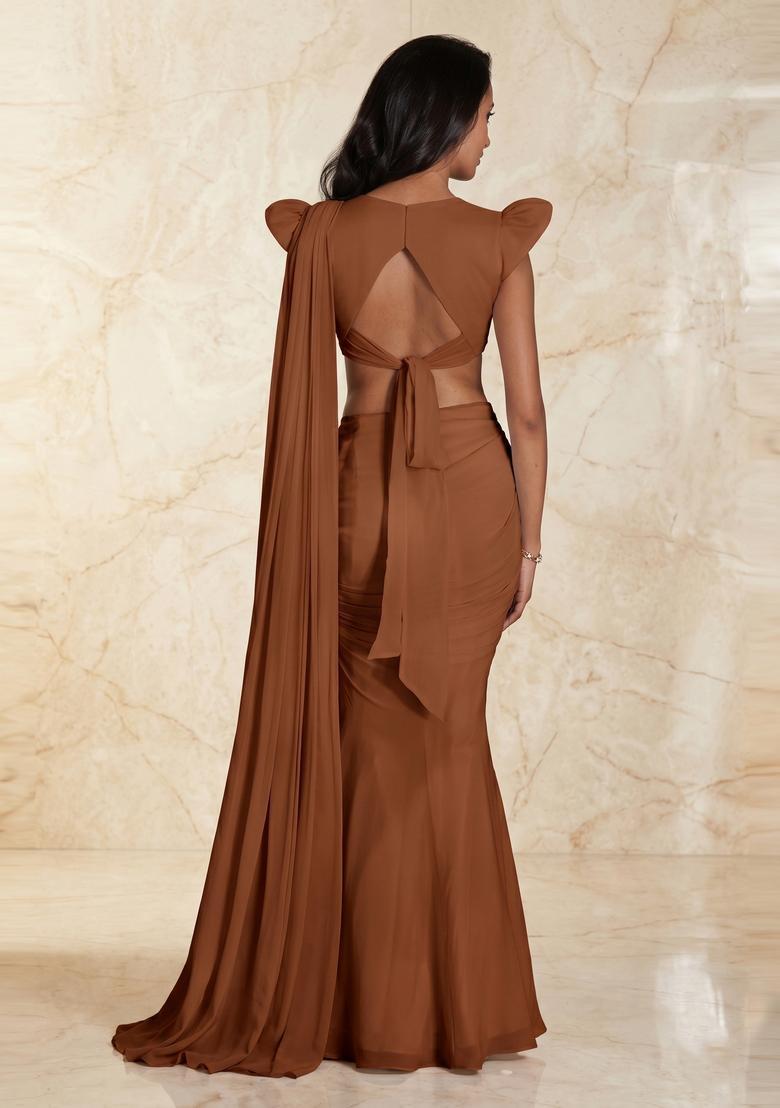 Copper Brown Embroidered Handwork Pre Draped Saree Set - Indya