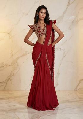 Deep Red Embroidered Handwork Pre Draped Saree Set