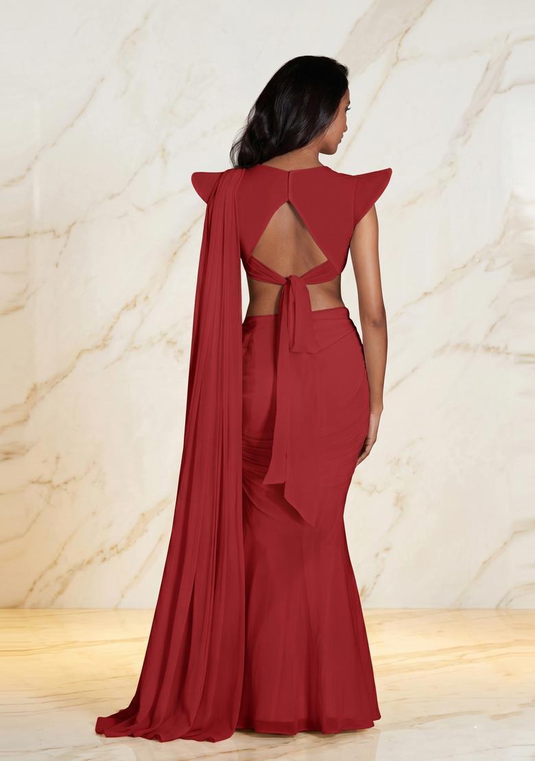 Deep Red Embroidered Handwork Pre Draped Saree Set - Indya