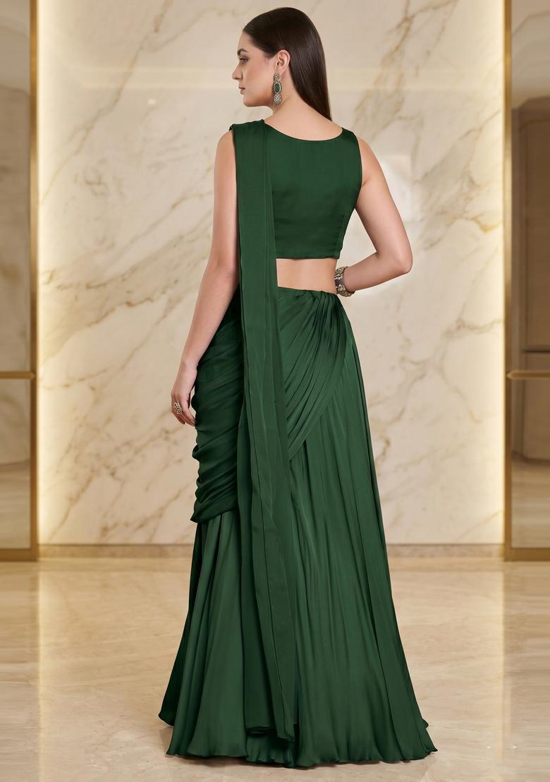 Emerald Green Embroidered Handwork Pre Draped Saree Set - Indya