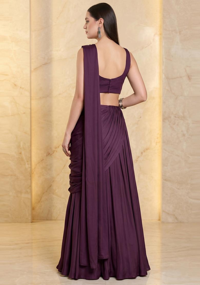 Deep Purple Embroidered Handwork Pre Draped Saree Set - Indya